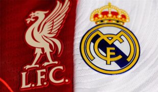 شعار دوري أبطال أوروبا مع شعاري ليفربول وريال مدريد
