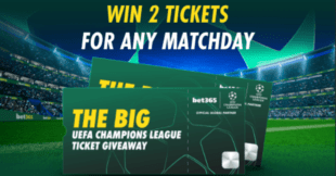 شعار دوري أبطال أوروبا بجانب شعار bet365 مع تذاكر مباراة