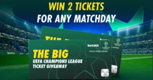 شعار دوري أبطال أوروبا بجانب شعار bet365 مع تذاكر مباراة