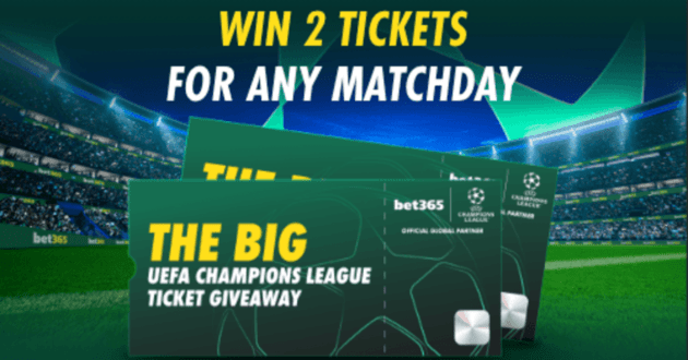 شعار دوري أبطال أوروبا بجانب شعار bet365 مع تذاكر مباراة